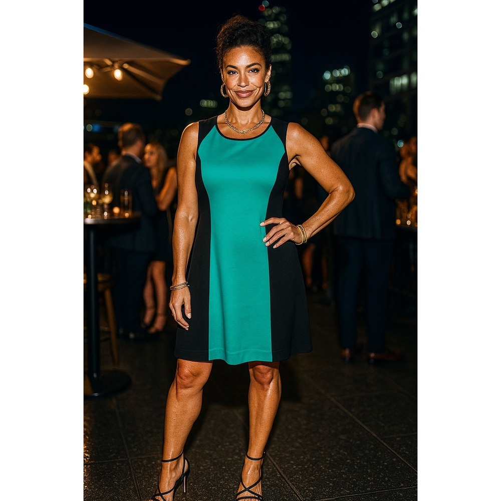 New York & Company Womens Stretch Dress Med Sheath Black Green Color Block Party